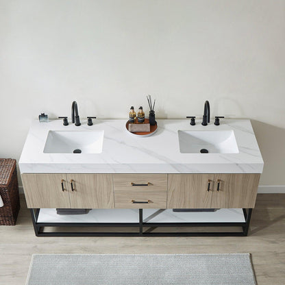 Vinnova Toledo 72" Double Sink Bath Vanity In Light Walnut Finish With White Sintered Stone Top