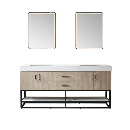 Vinnova Toledo 72" Double Sink Bath Vanity In Light Walnut Finish With White Sintered Stone Top And Mirror