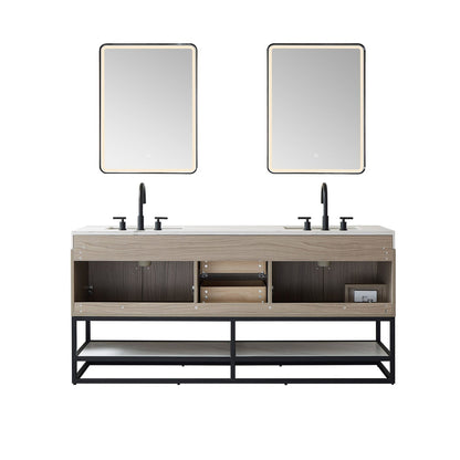 Vinnova Toledo 72" Double Sink Bath Vanity In Light Walnut Finish With White Sintered Stone Top And Mirror