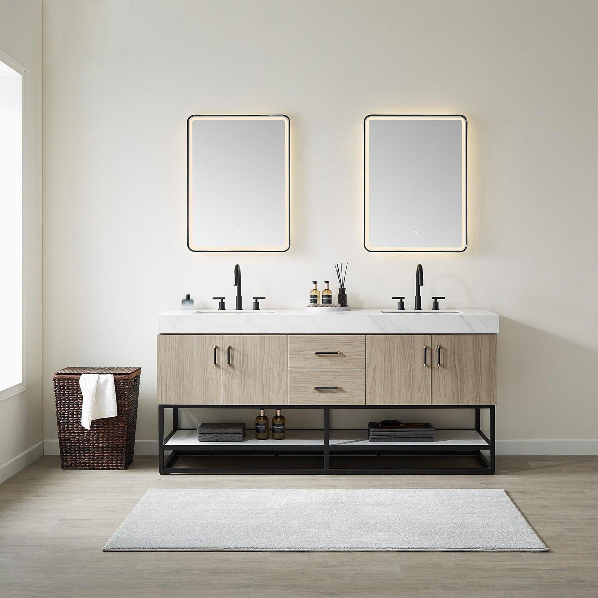 Vinnova Toledo 72" Double Sink Bath Vanity In Light Walnut Finish With White Sintered Stone Top And Mirror