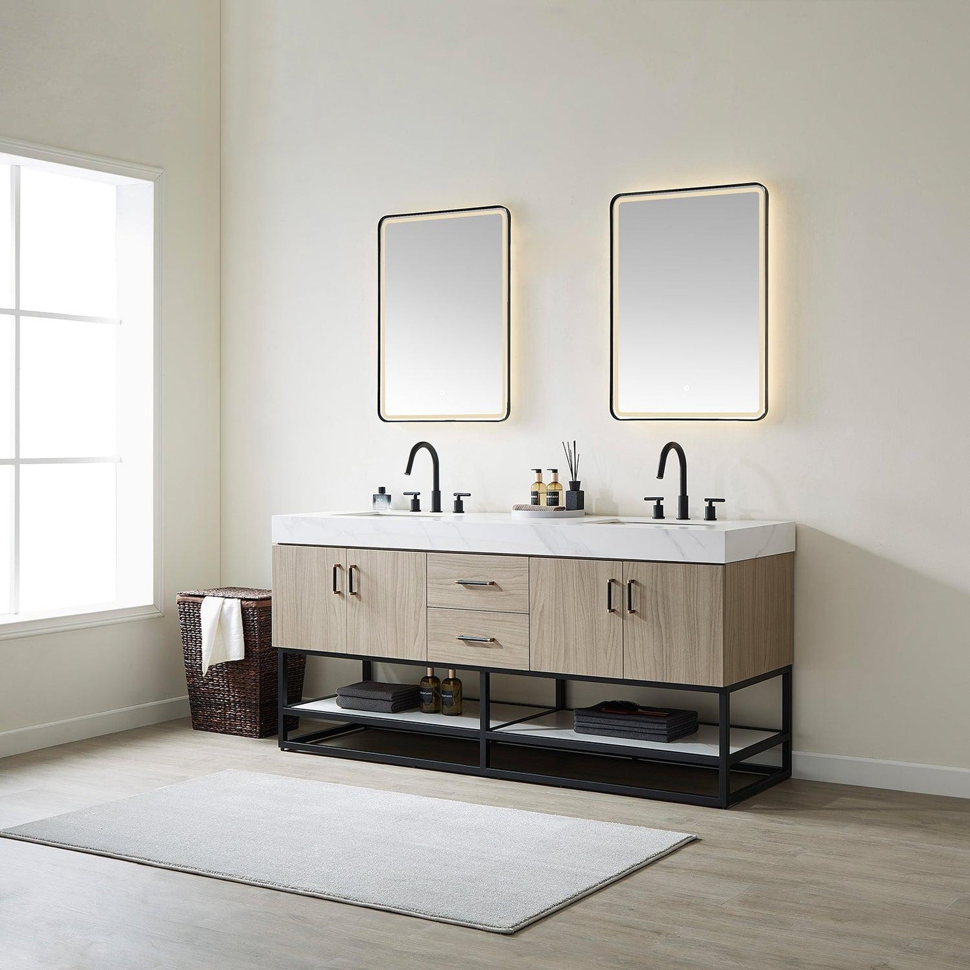 Vinnova Toledo 72" Double Sink Bath Vanity In Light Walnut Finish With White Sintered Stone Top And Mirror