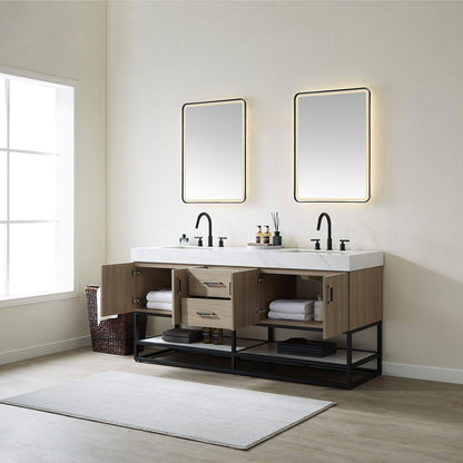 Vinnova Toledo 72" Double Sink Bath Vanity In Light Walnut Finish With White Sintered Stone Top And Mirror