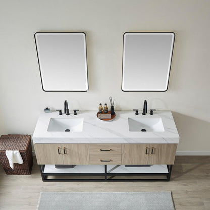 Vinnova Toledo 72" Double Sink Bath Vanity In Light Walnut Finish With White Sintered Stone Top And Mirror