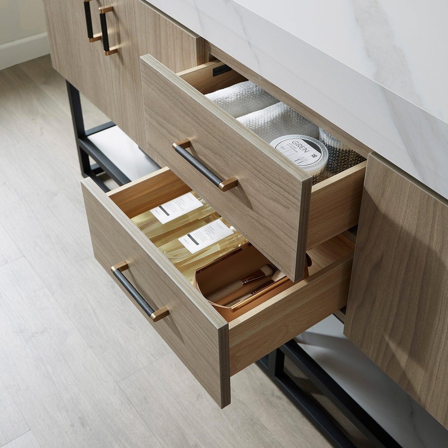 Vinnova Toledo 72" Double Sink Bath Vanity In Light Walnut Finish With White Sintered Stone Top And Mirror