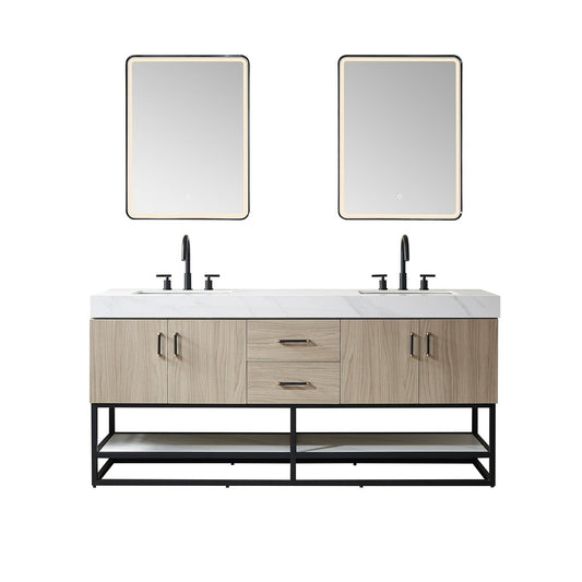 Vinnova Toledo 72" Double Sink Bath Vanity In Light Walnut Finish With White Sintered Stone Top And Mirror