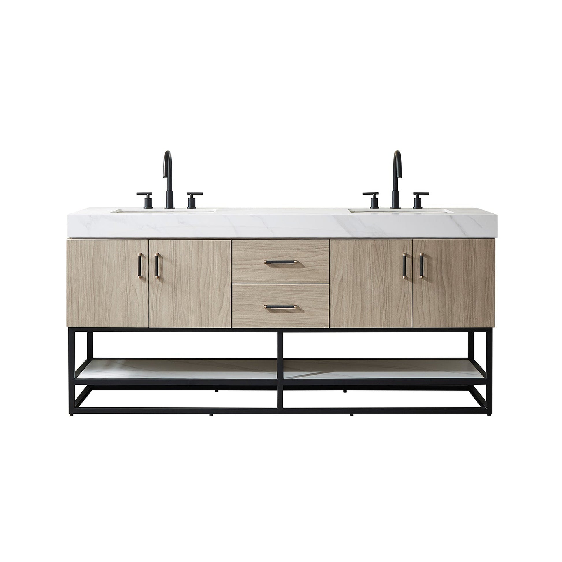 Vinnova Toledo 72" Double Sink Bath Vanity In Light Walnut Finish With White Sintered Stone Top