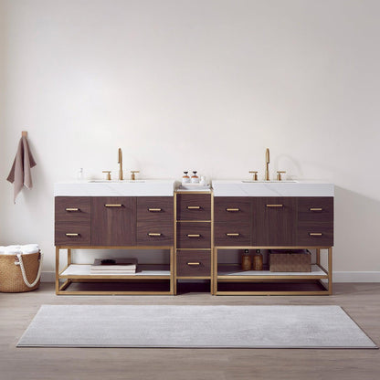 Vinnova Toledo 84" Double Sink Bath Vanity In Dark Walnut Finish With White Sintered Stone Top