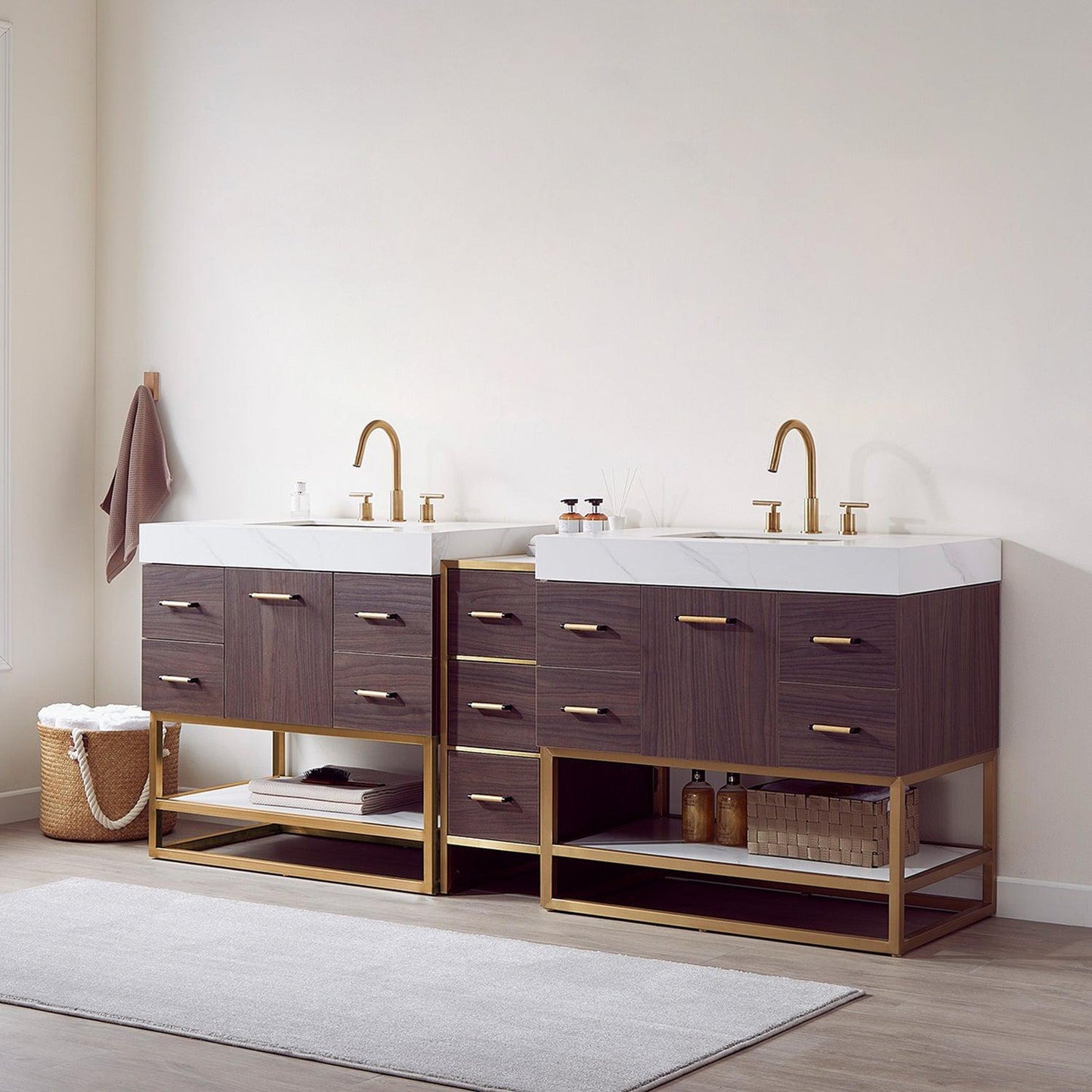 Vinnova Toledo 84" Double Sink Bath Vanity In Dark Walnut Finish With White Sintered Stone Top