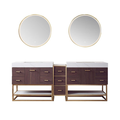 Vinnova Toledo 84" Double Sink Bath Vanity In Dark Walnut Finish With White Sintered Stone Top And Mirror