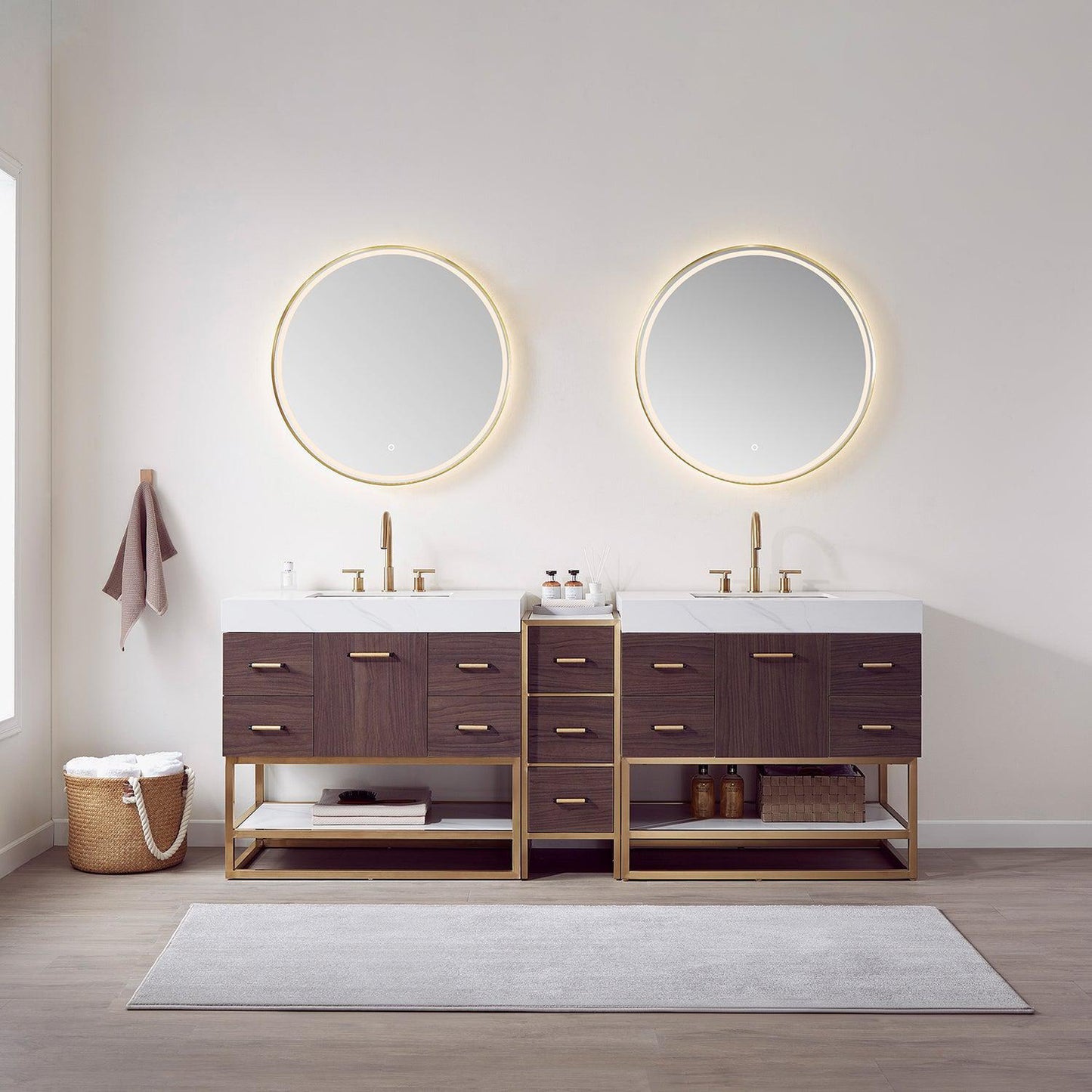 Vinnova Toledo 84" Double Sink Bath Vanity In Dark Walnut Finish With White Sintered Stone Top And Mirror