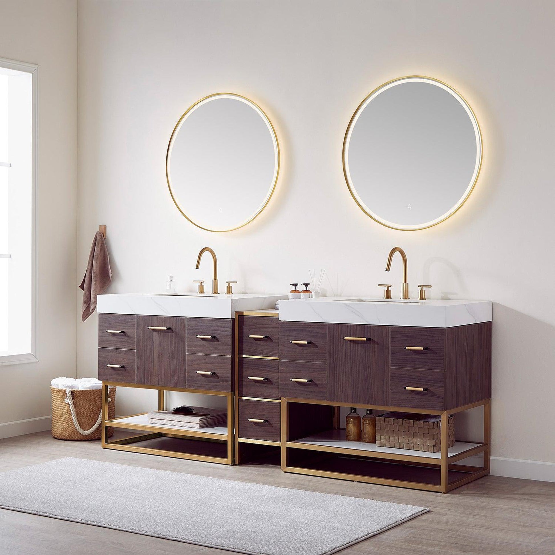 Vinnova Toledo 84" Double Sink Bath Vanity In Dark Walnut Finish With White Sintered Stone Top And Mirror