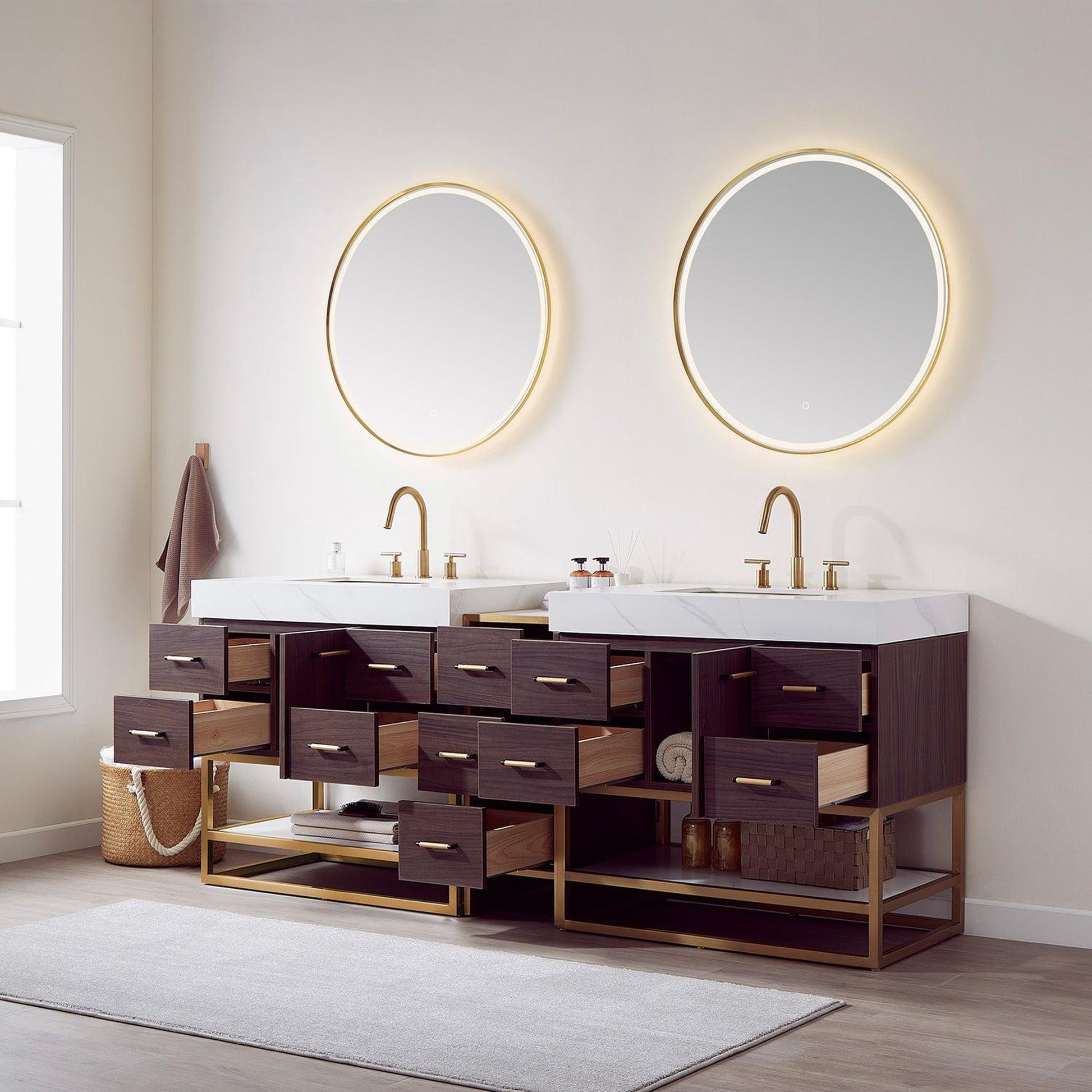 Vinnova Toledo 84" Double Sink Bath Vanity In Dark Walnut Finish With White Sintered Stone Top And Mirror