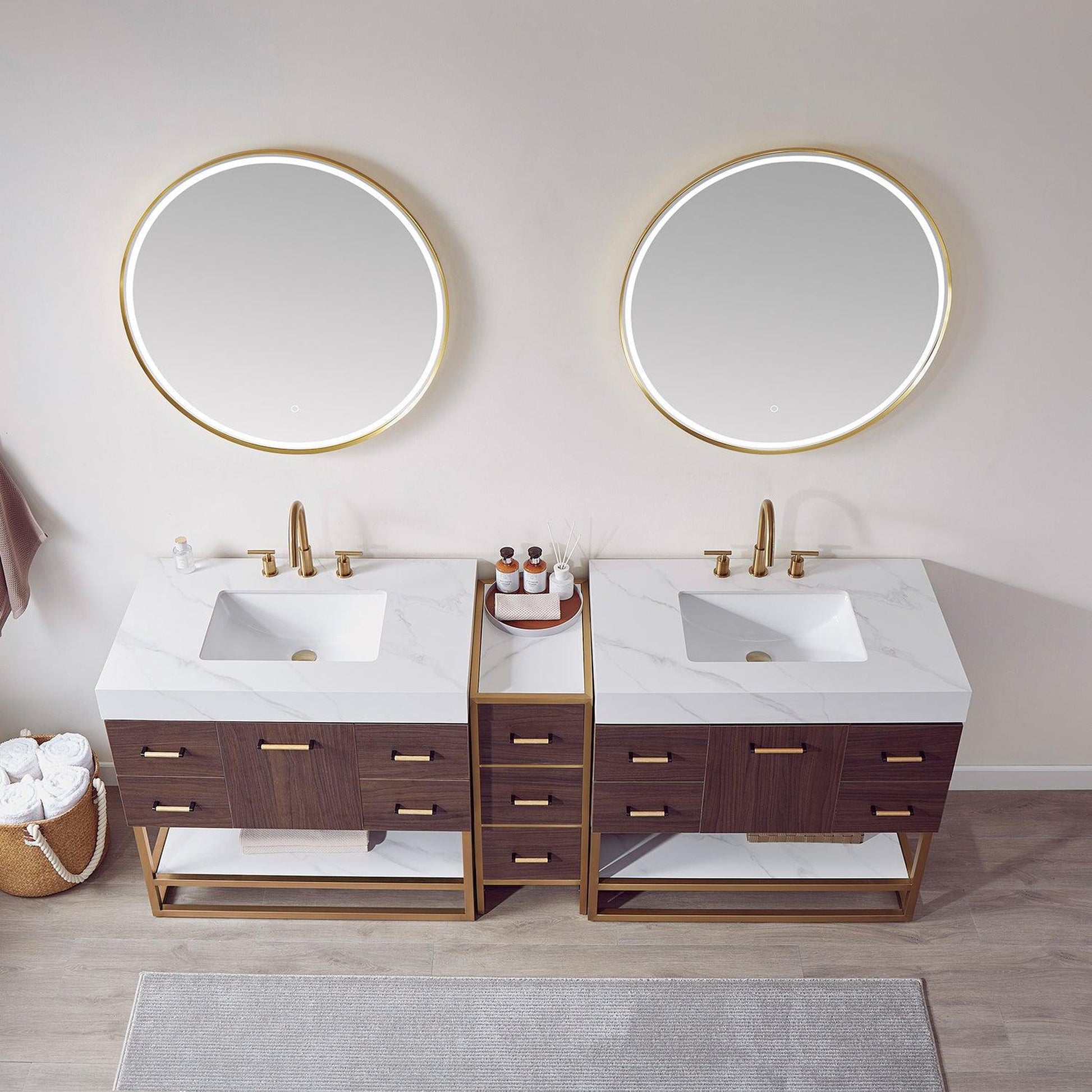 Vinnova Toledo 84" Double Sink Bath Vanity In Dark Walnut Finish With White Sintered Stone Top And Mirror