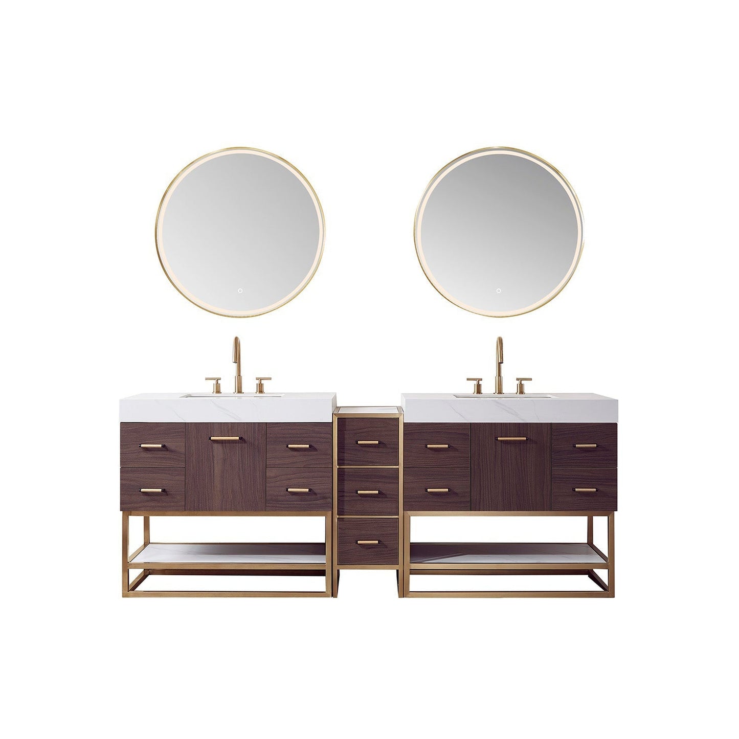 Vinnova Toledo 84" Double Sink Bath Vanity In Dark Walnut Finish With White Sintered Stone Top And Mirror