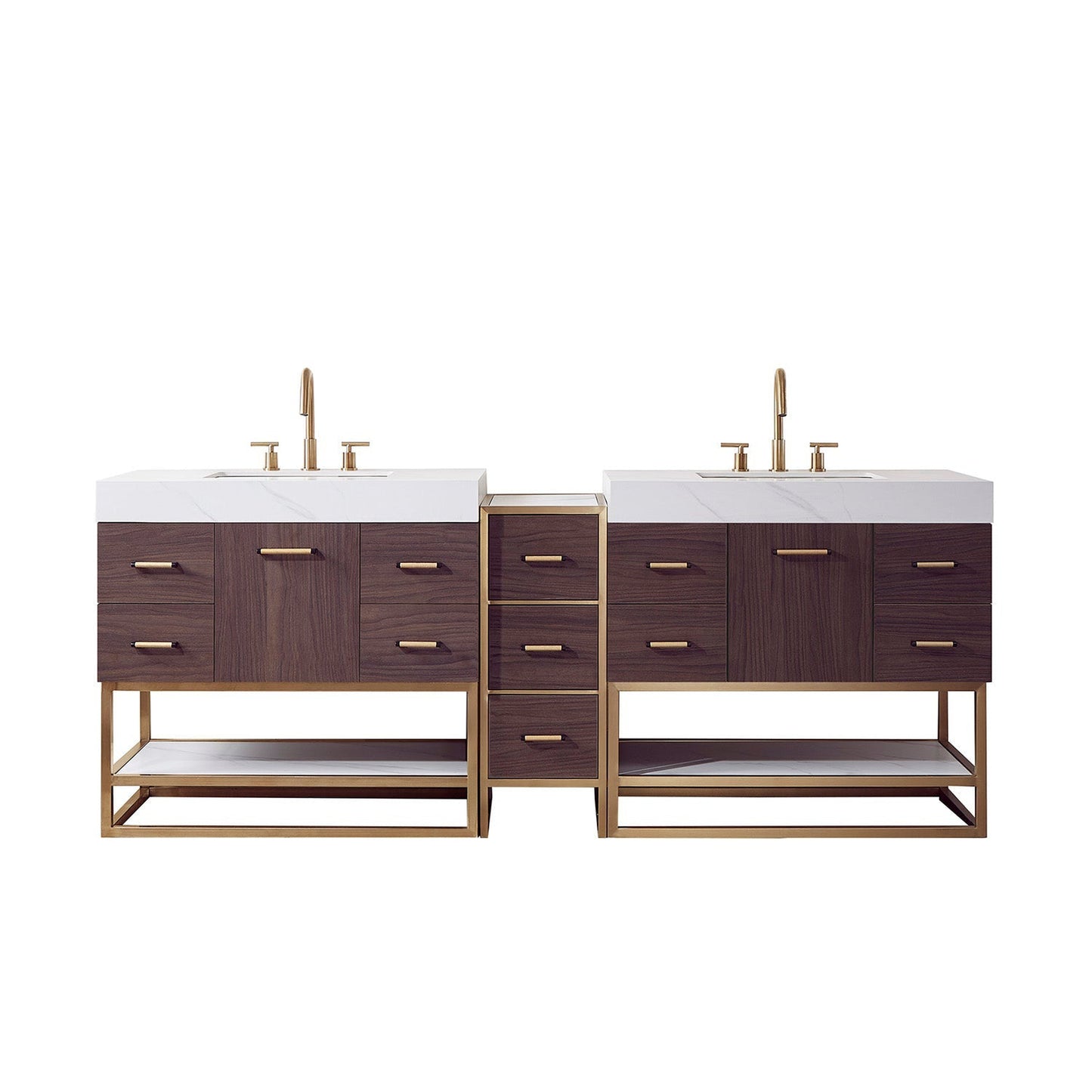 Vinnova Toledo 84" Double Sink Bath Vanity In Dark Walnut Finish With White Sintered Stone Top