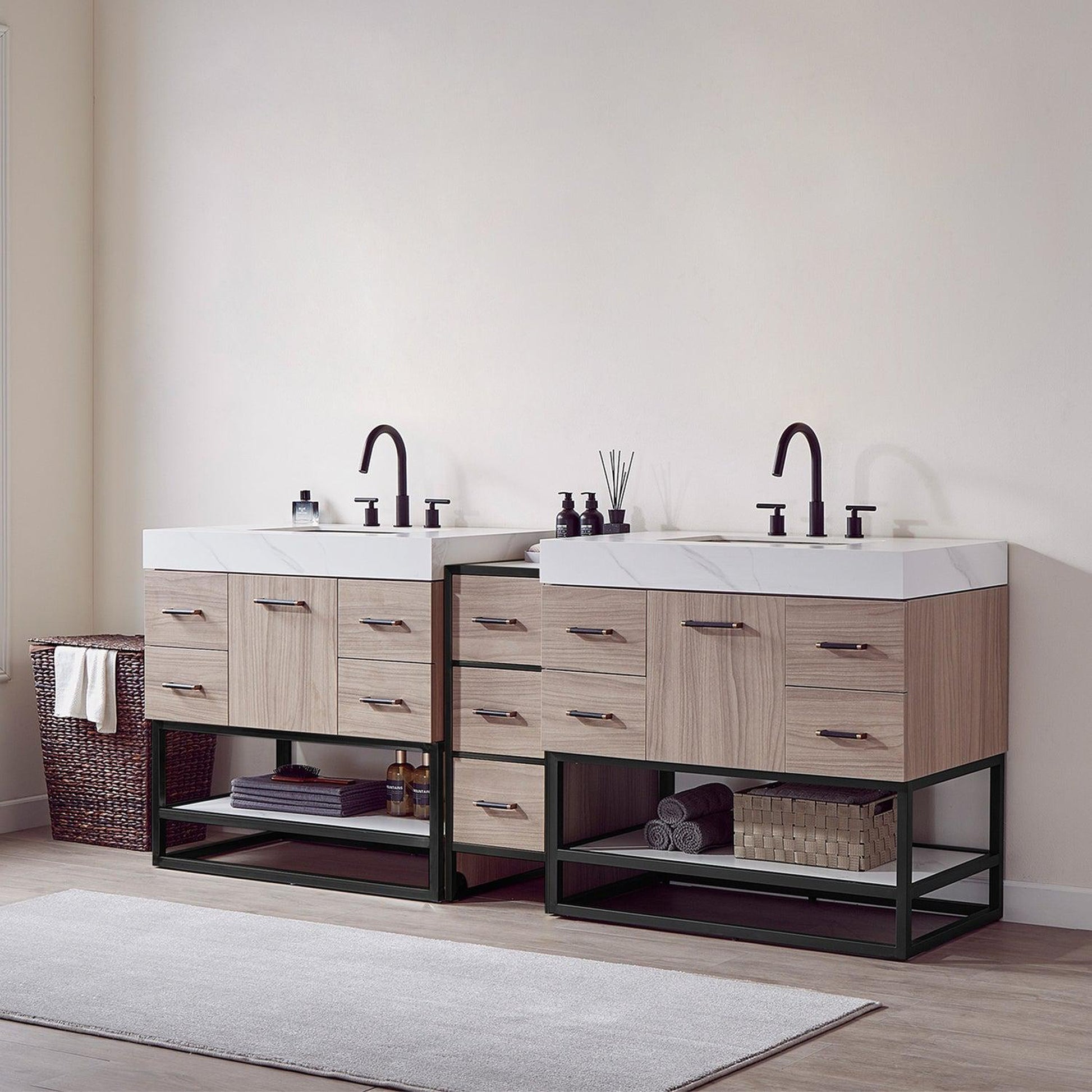 Vinnova Toledo 84" Double Sink Bath Vanity In Light Walnut Finish With White Sintered Stone Top