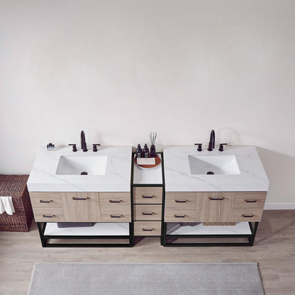 Vinnova Toledo 84" Double Sink Bath Vanity In Light Walnut Finish With White Sintered Stone Top
