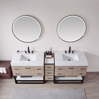 Vinnova Toledo 84" Double Sink Bath Vanity In Light Walnut Finish With White Sintered Stone Top And Mirror