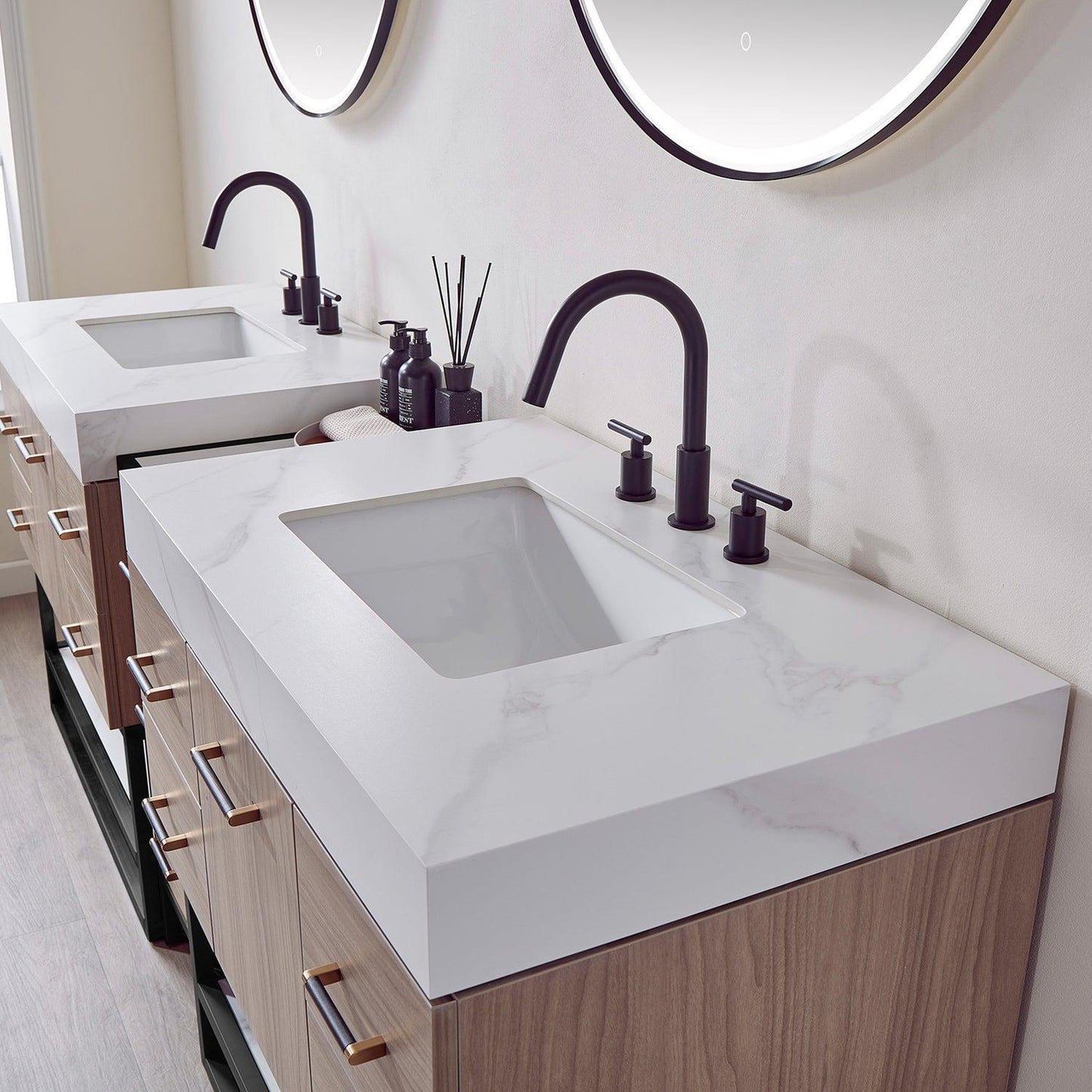 Vinnova Toledo 84" Double Sink Bath Vanity In Light Walnut Finish With White Sintered Stone Top And Mirror