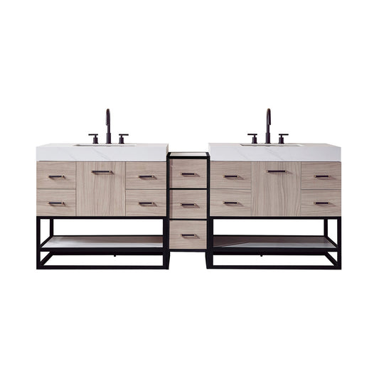 Vinnova Toledo 84" Double Sink Bath Vanity In Light Walnut Finish With White Sintered Stone Top