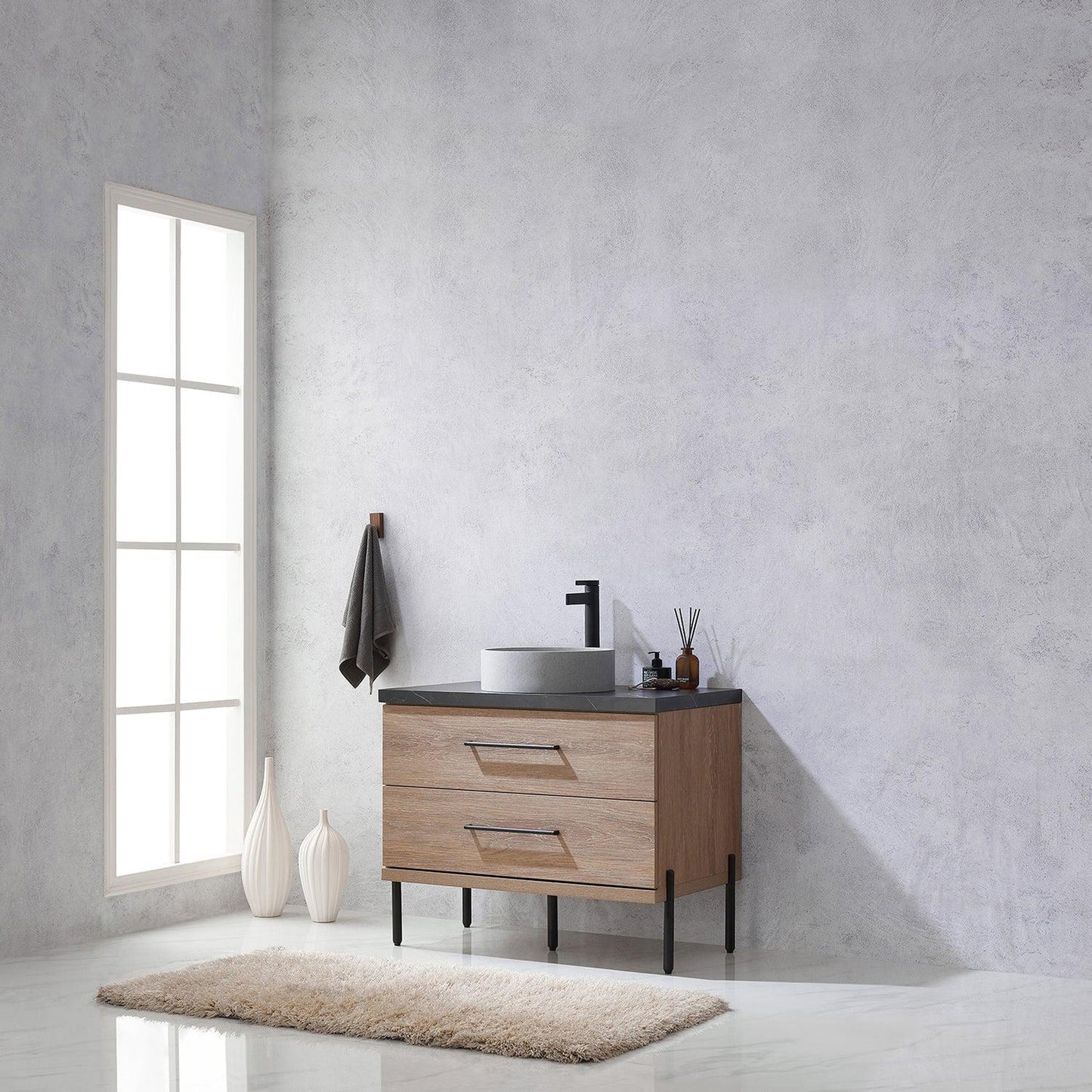 Vinnova Trento 36" Single Sink Bath Vanity In North American Oak With Black Sintered Stone Top With Circular Concrete Sink