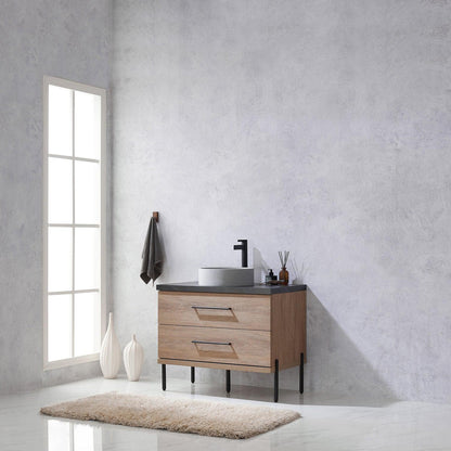 Vinnova Trento 36" Single Sink Bath Vanity In North American Oak With Black Sintered Stone Top With Circular Concrete Sink