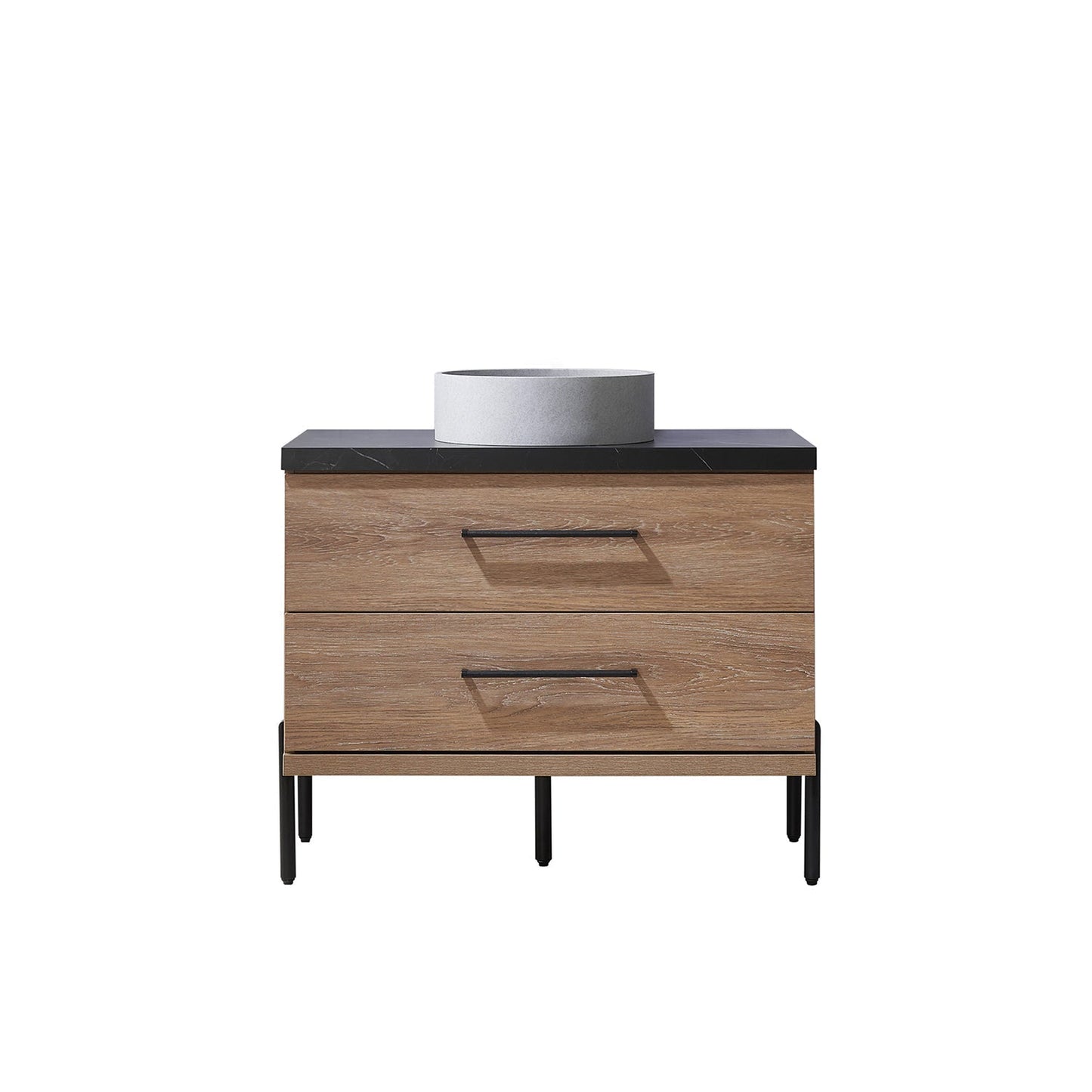 Vinnova Trento 36" Single Sink Bath Vanity In North American Oak With Black Sintered Stone Top With Circular Concrete Sink