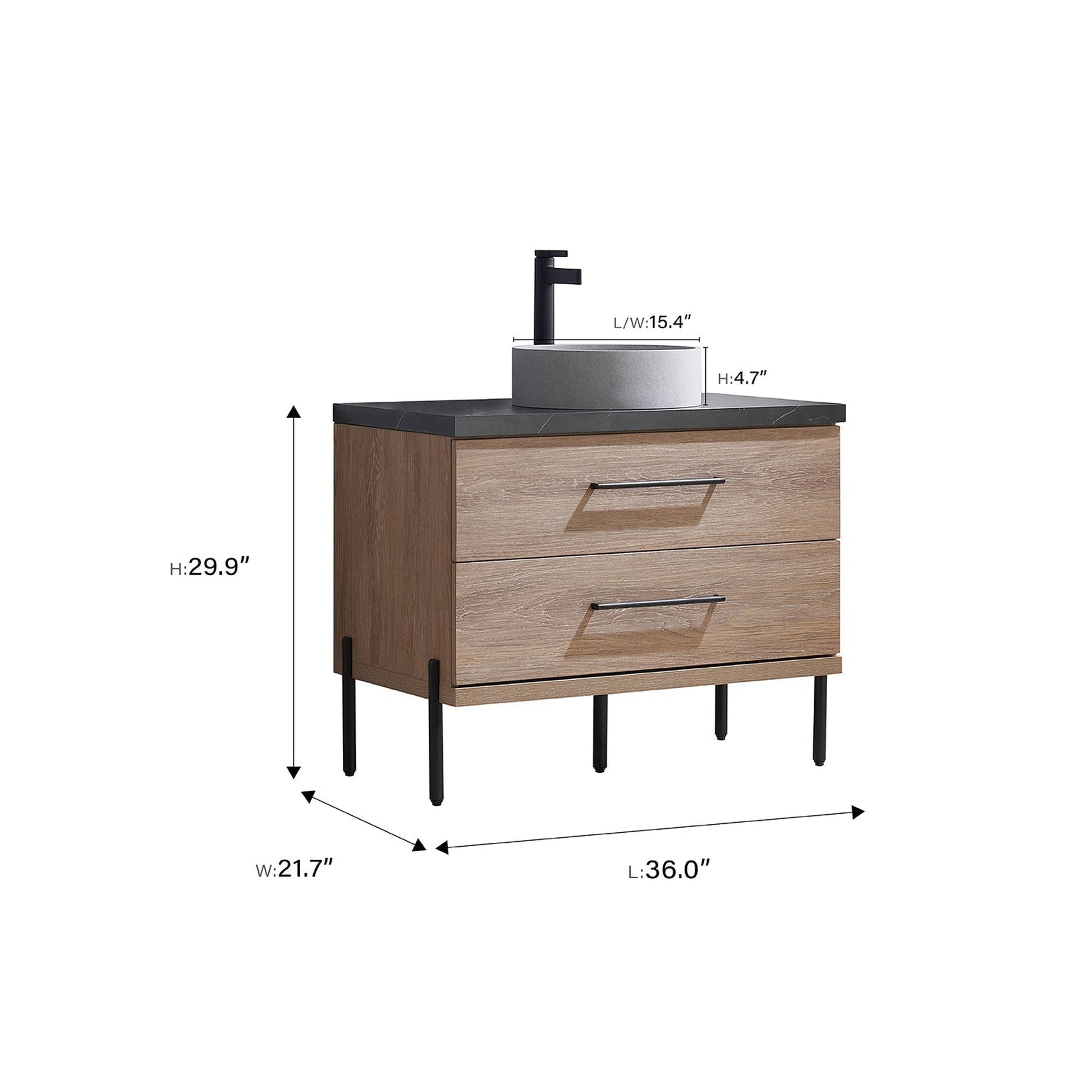 Vinnova Trento 36" Single Sink Bath Vanity In North American Oak With Black Sintered Stone Top With Circular Concrete Sink