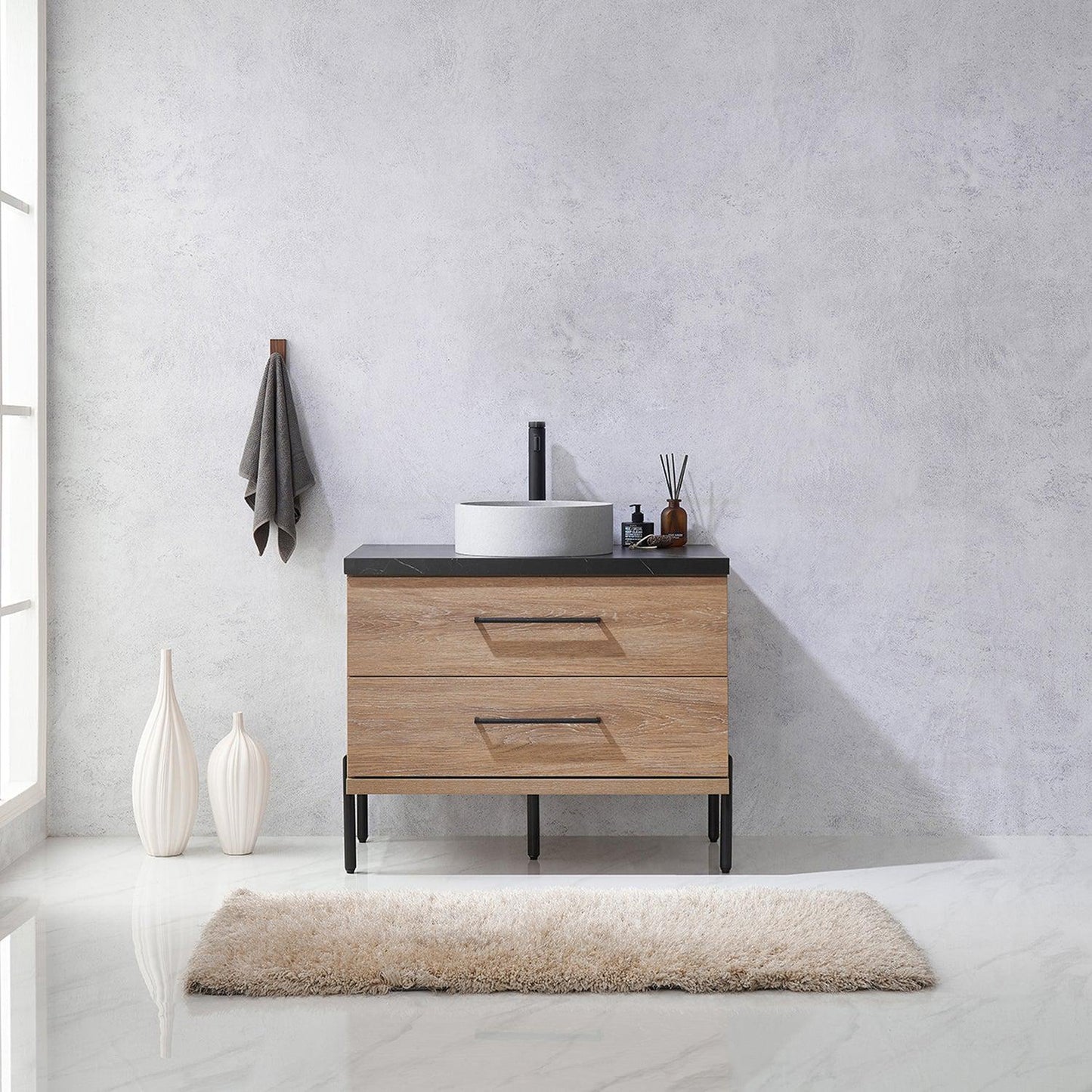 Vinnova Trento 36" Single Sink Bath Vanity In North American Oak With Black Sintered Stone Top With Circular Concrete Sink