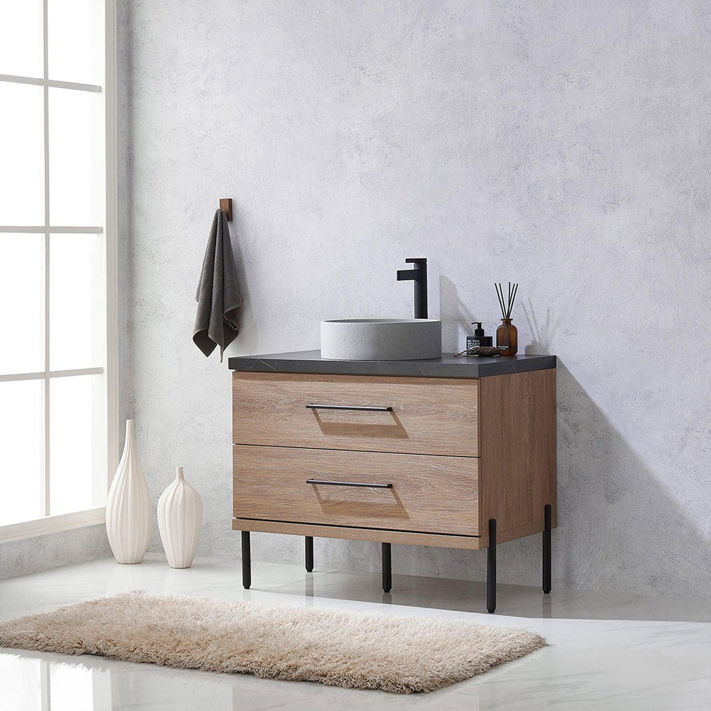 Vinnova Trento 36" Single Sink Bath Vanity In North American Oak With Black Sintered Stone Top With Circular Concrete Sink