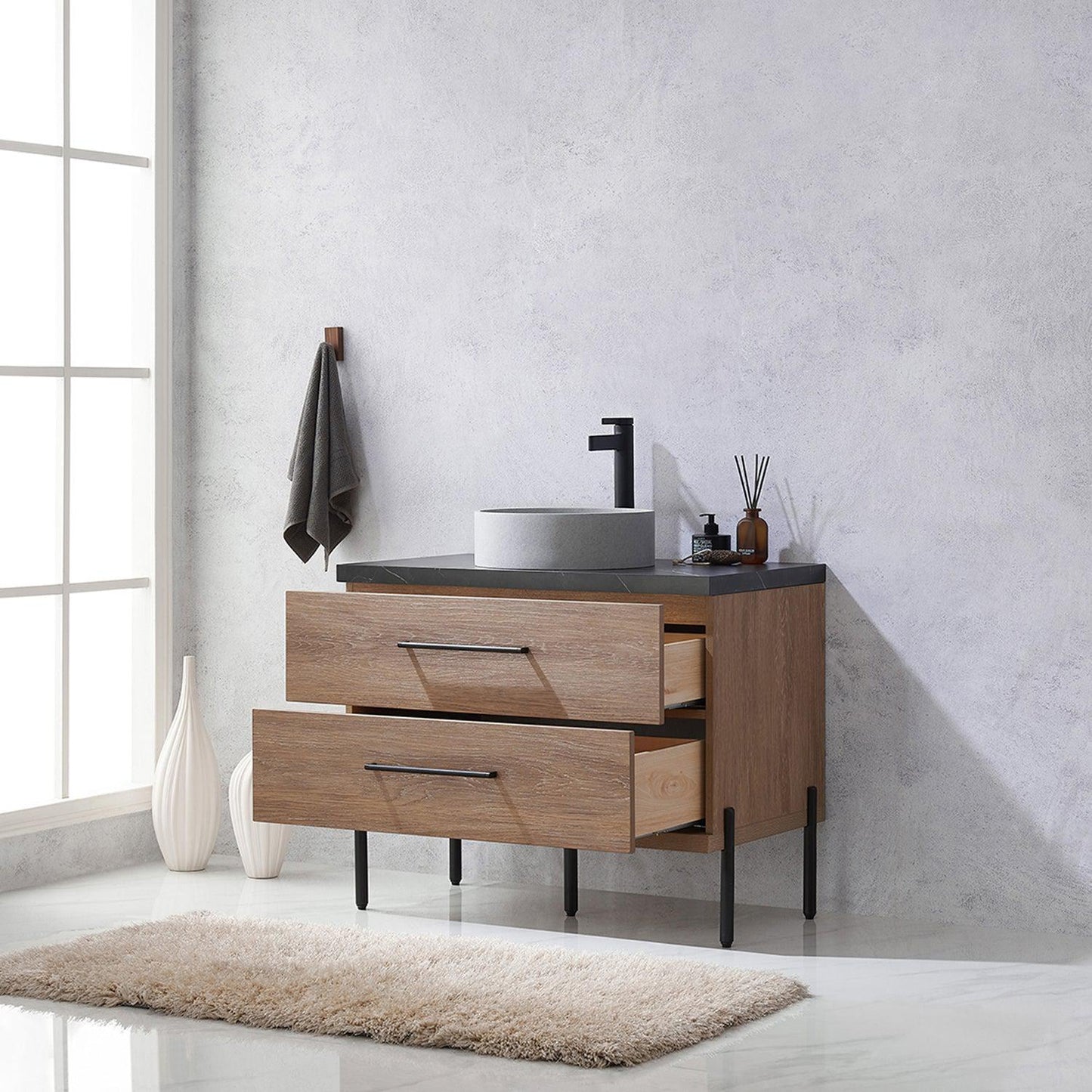 Vinnova Trento 36" Single Sink Bath Vanity In North American Oak With Black Sintered Stone Top With Circular Concrete Sink