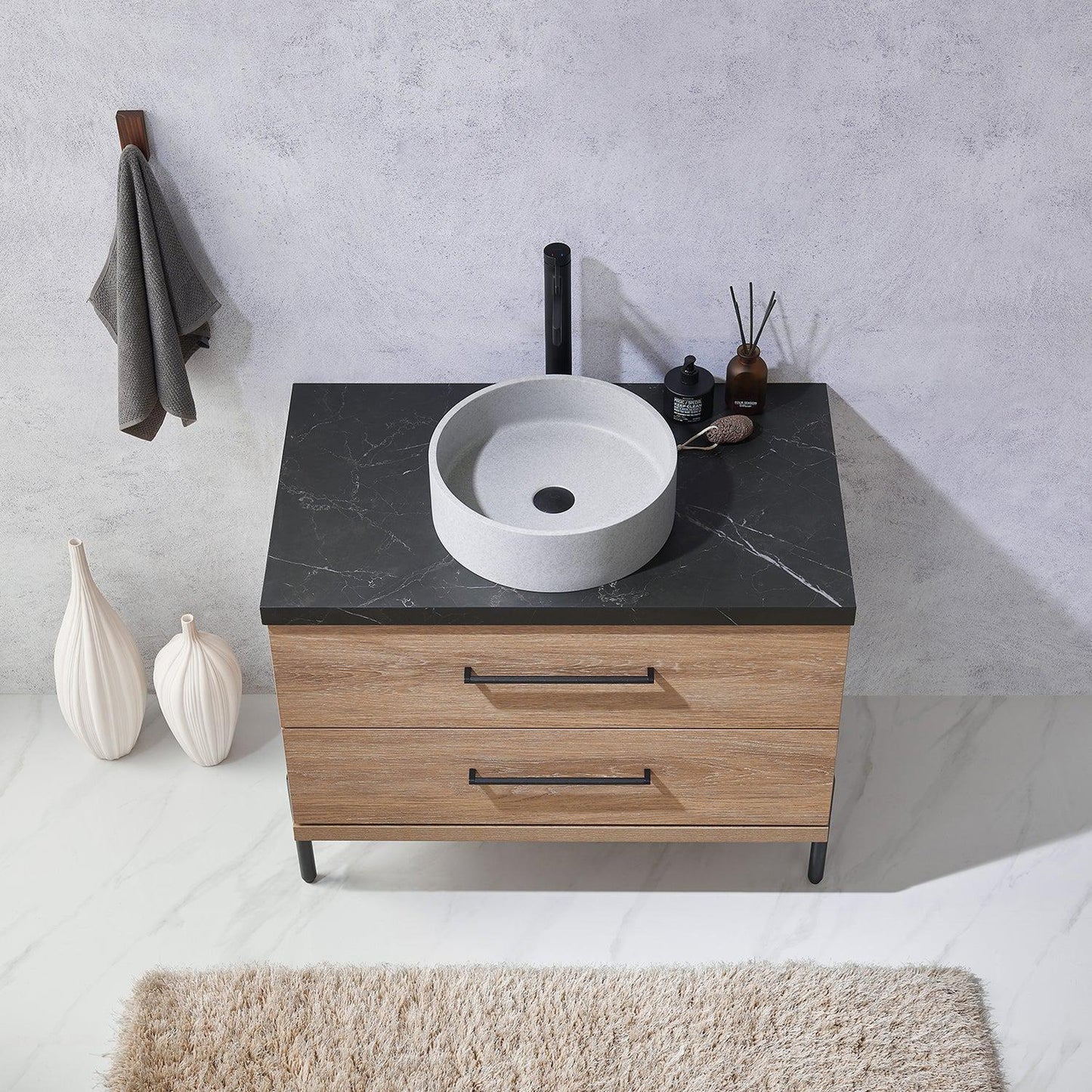 Vinnova Trento 36" Single Sink Bath Vanity In North American Oak With Black Sintered Stone Top With Circular Concrete Sink