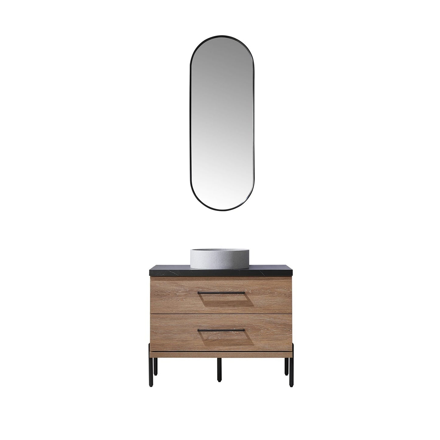 Vinnova Trento 36" Single Sink Bath Vanity In North American Oak With Black Sintered Stone Top With Circular Concrete Sink And Mirror