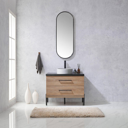 Vinnova Trento 36" Single Sink Bath Vanity In North American Oak With Black Sintered Stone Top With Circular Concrete Sink And Mirror