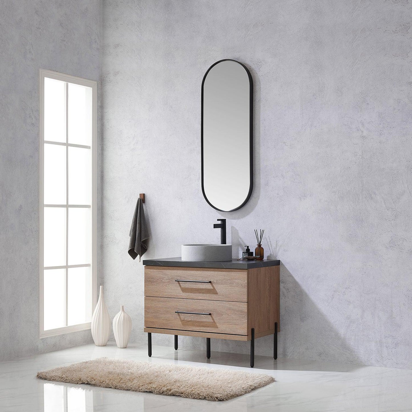 Vinnova Trento 36" Single Sink Bath Vanity In North American Oak With Black Sintered Stone Top With Circular Concrete Sink And Mirror