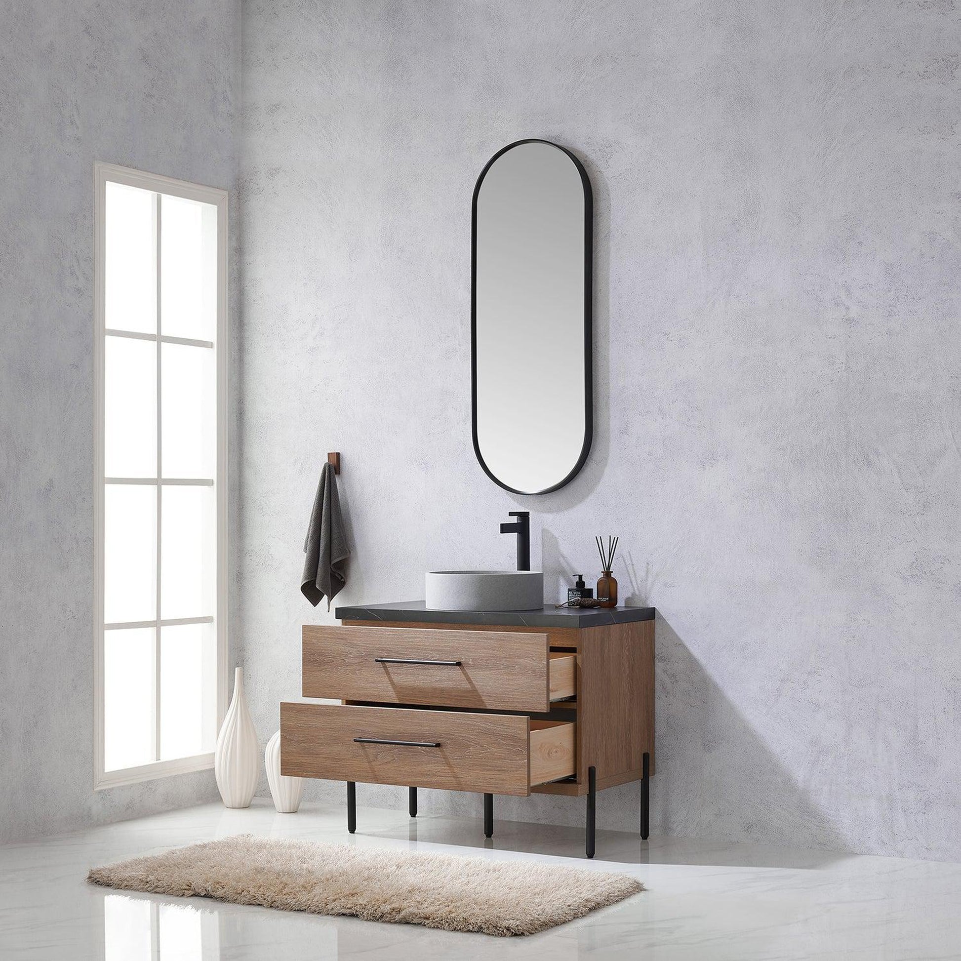 Vinnova Trento 36" Single Sink Bath Vanity In North American Oak With Black Sintered Stone Top With Circular Concrete Sink And Mirror