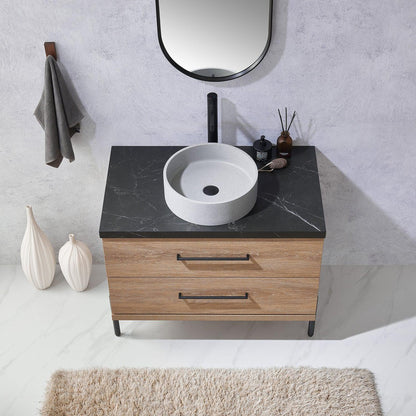 Vinnova Trento 36" Single Sink Bath Vanity In North American Oak With Black Sintered Stone Top With Circular Concrete Sink And Mirror