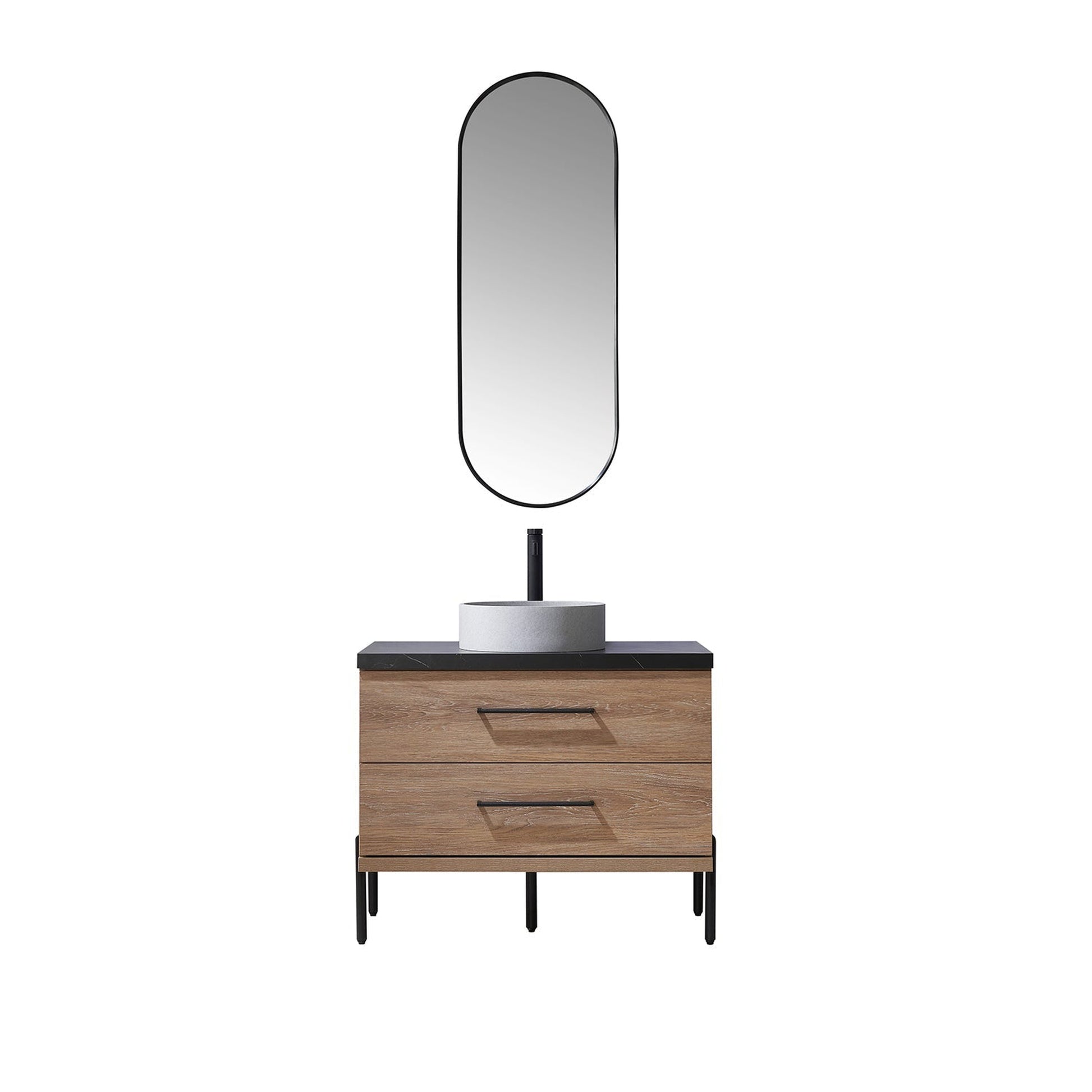 Vinnova Trento 36" Single Sink Bath Vanity In North American Oak With Black Sintered Stone Top With Circular Concrete Sink And Mirror