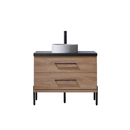 Vinnova Trento 36" Single Sink Bath Vanity In North American Oak With Black Sintered Stone Top With Circular Concrete Sink