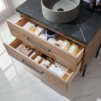 Vinnova Trento 36" Single Sink Bath Vanity In North American Oak With Black Sintered Stone Top With Natural Circular Concrete Sink