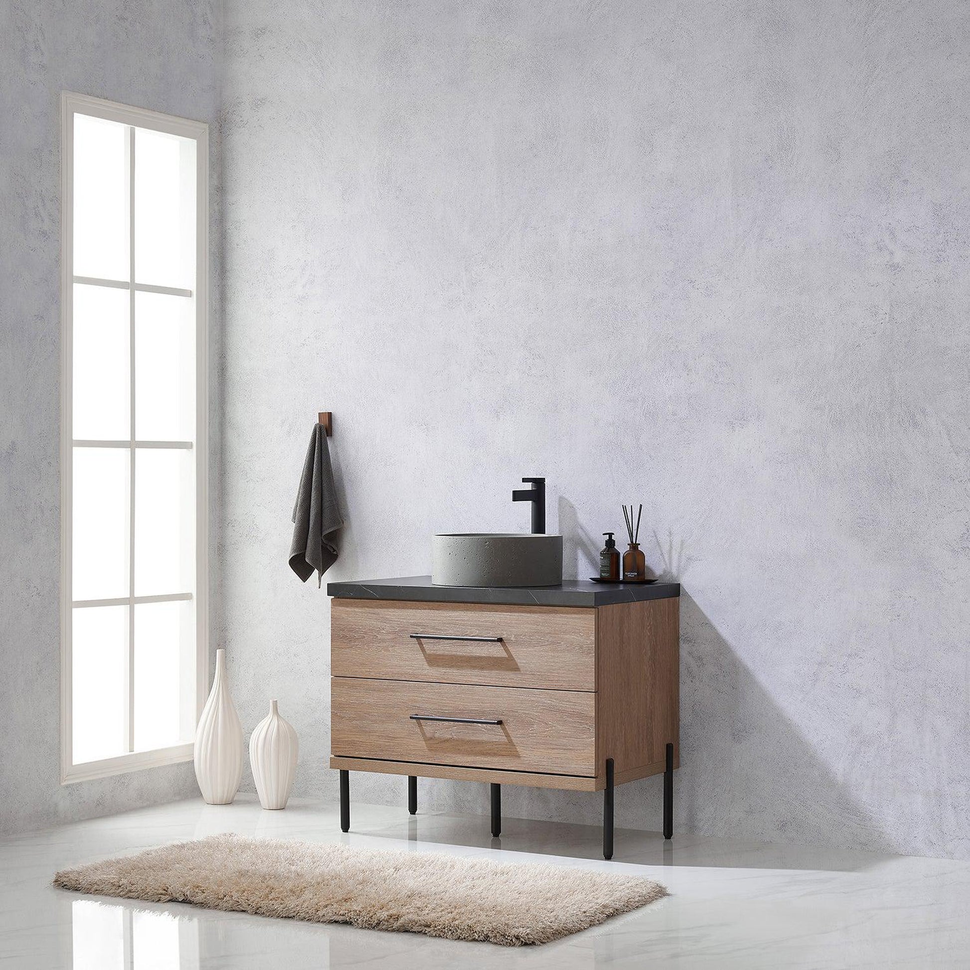 Vinnova Trento 36" Single Sink Bath Vanity In North American Oak With Black Sintered Stone Top With Natural Circular Concrete Sink