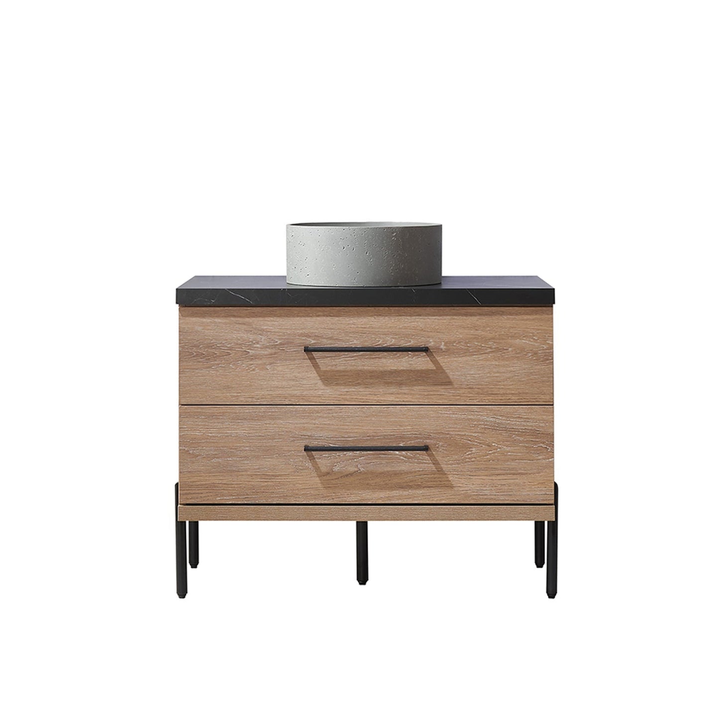 Vinnova Trento 36" Single Sink Bath Vanity In North American Oak With Black Sintered Stone Top With Natural Circular Concrete Sink