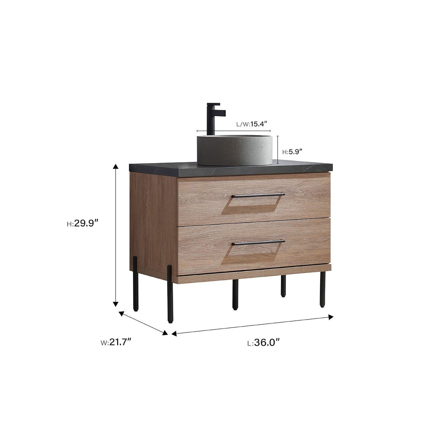 Vinnova Trento 36" Single Sink Bath Vanity In North American Oak With Black Sintered Stone Top With Natural Circular Concrete Sink