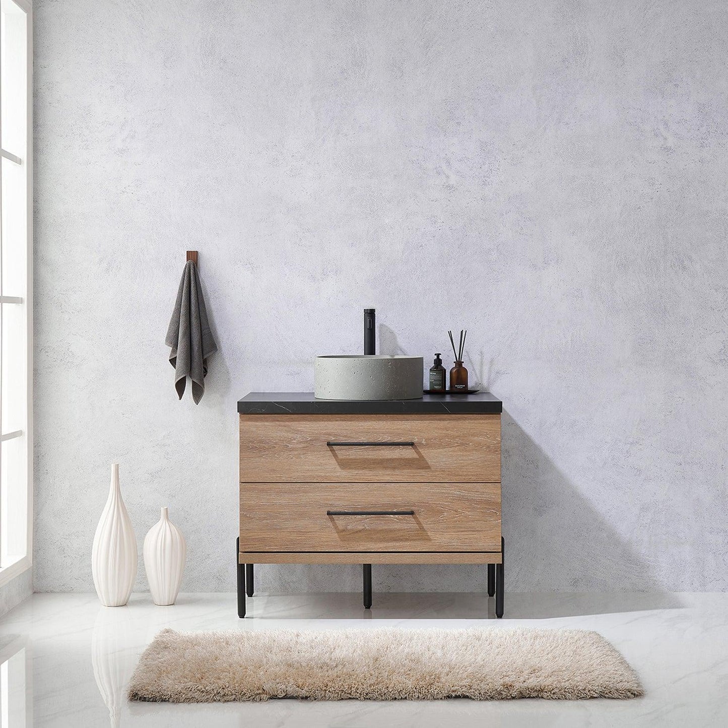 Vinnova Trento 36" Single Sink Bath Vanity In North American Oak With Black Sintered Stone Top With Natural Circular Concrete Sink