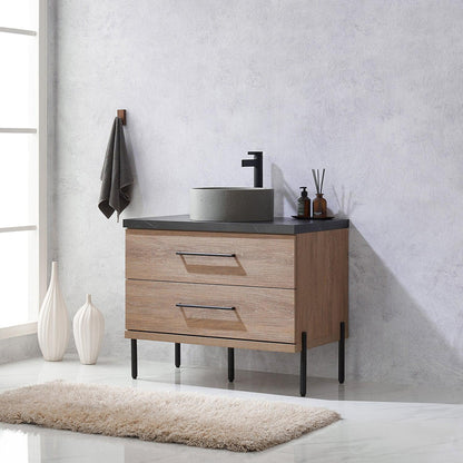 Vinnova Trento 36" Single Sink Bath Vanity In North American Oak With Black Sintered Stone Top With Natural Circular Concrete Sink