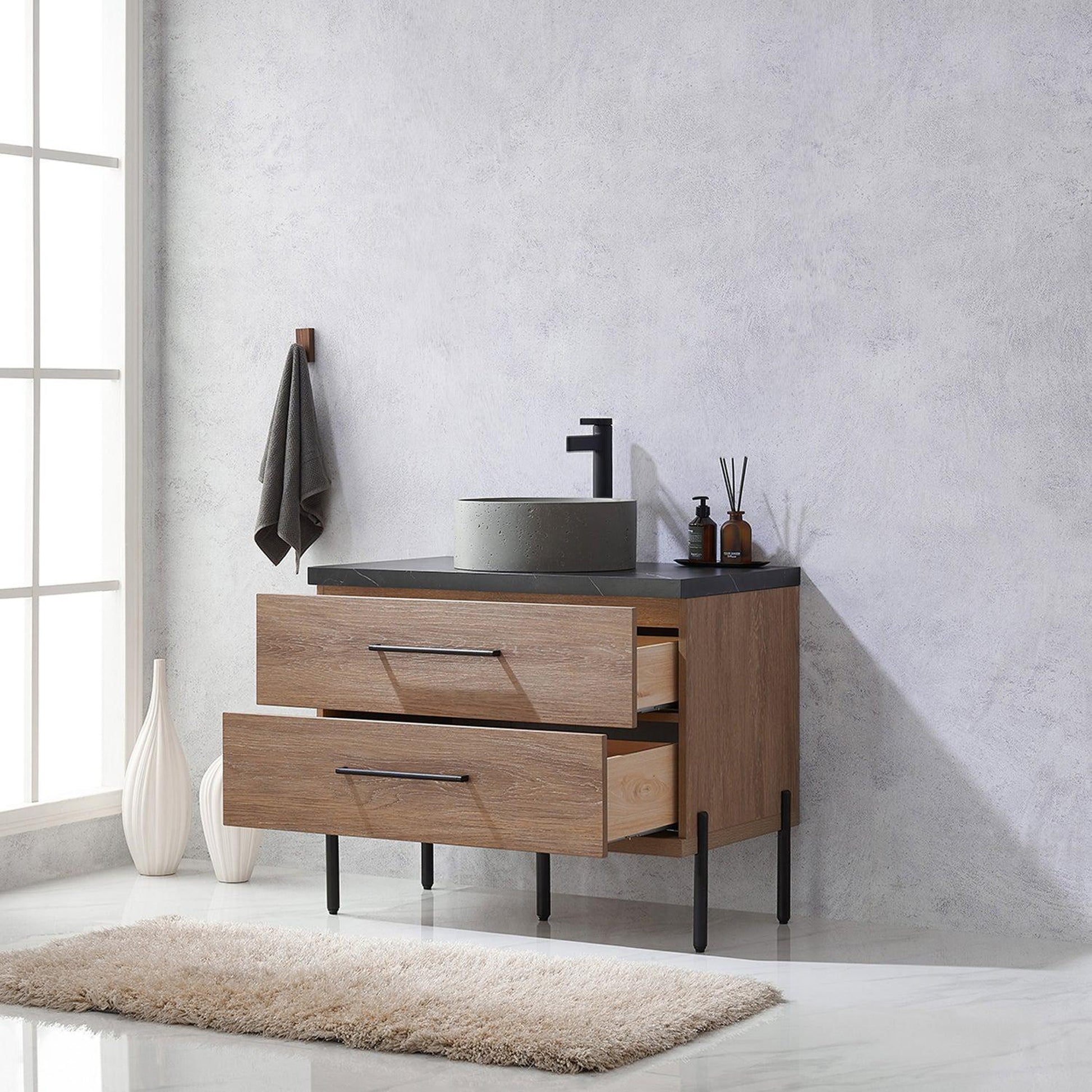 Vinnova Trento 36" Single Sink Bath Vanity In North American Oak With Black Sintered Stone Top With Natural Circular Concrete Sink