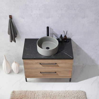 Vinnova Trento 36" Single Sink Bath Vanity In North American Oak With Black Sintered Stone Top With Natural Circular Concrete Sink