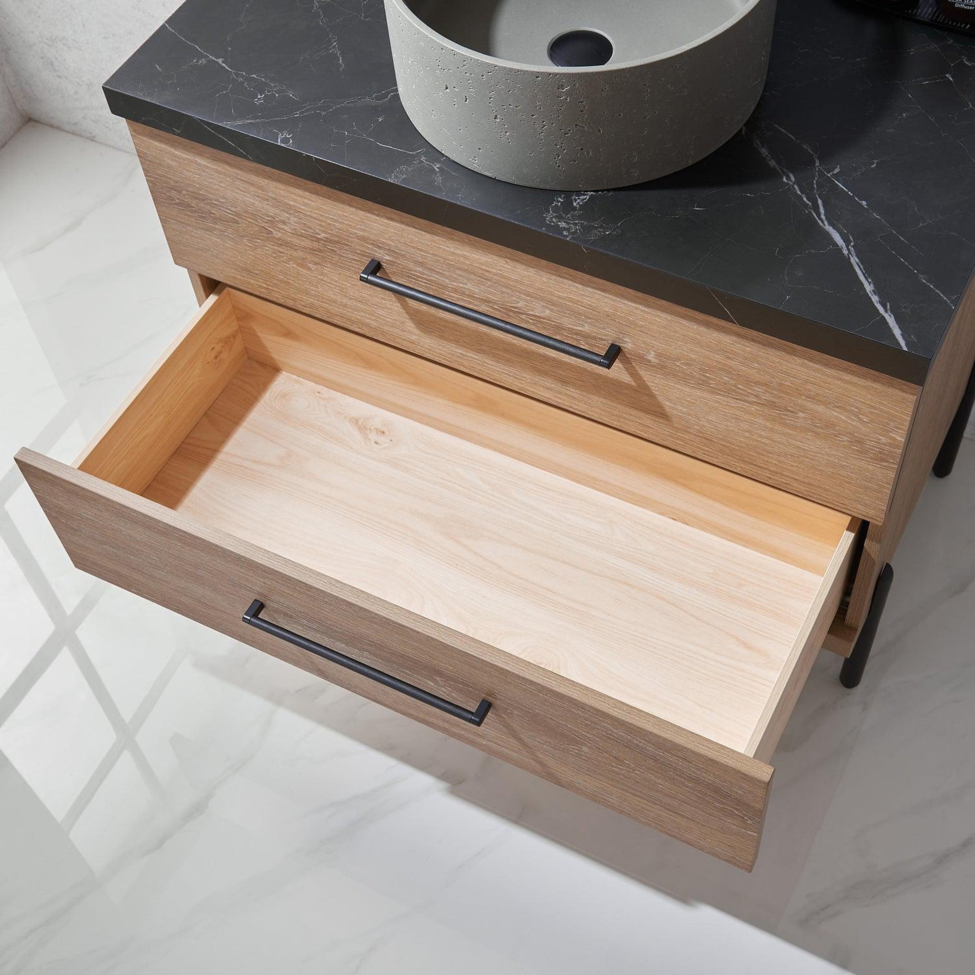 Vinnova Trento 36" Single Sink Bath Vanity In North American Oak With Black Sintered Stone Top With Natural Circular Concrete Sink And Mirror