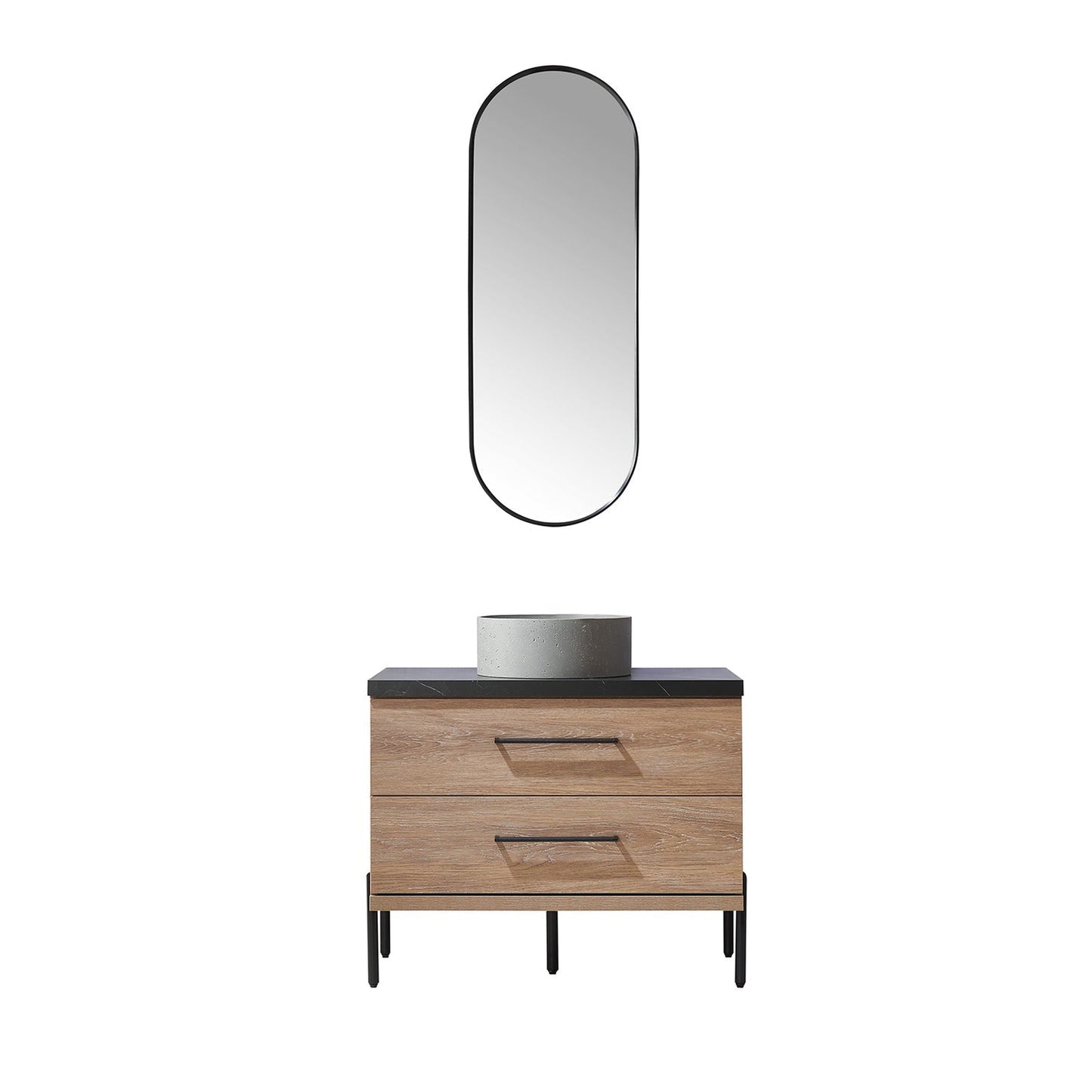 Vinnova Trento 36" Single Sink Bath Vanity In North American Oak With Black Sintered Stone Top With Natural Circular Concrete Sink And Mirror