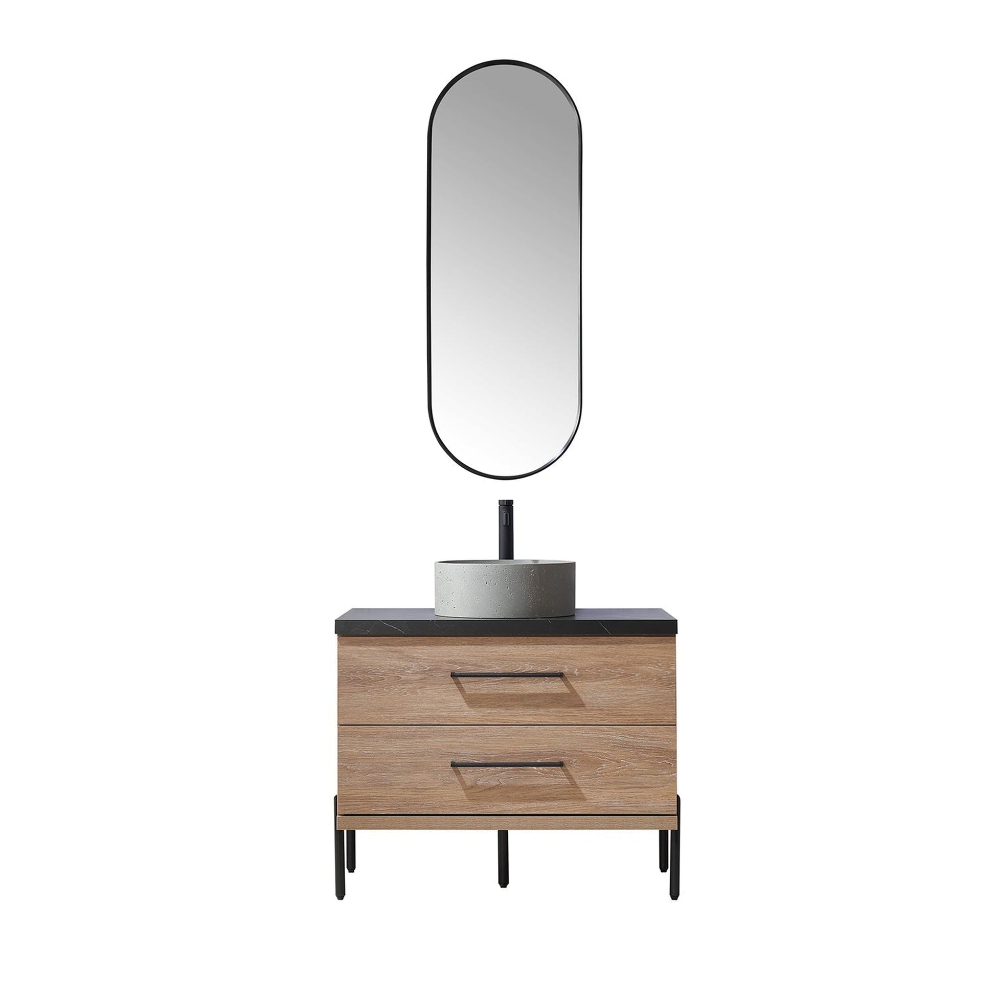 Vinnova Trento 36" Single Sink Bath Vanity In North American Oak With Black Sintered Stone Top With Natural Circular Concrete Sink And Mirror